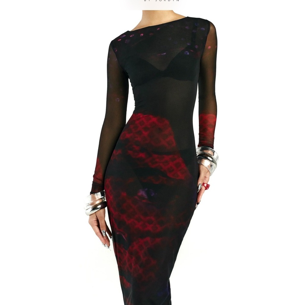 NWT Woods by Jordyn Sheer Mesh Sage Crimson Eye Dress Black Red Graphic Face